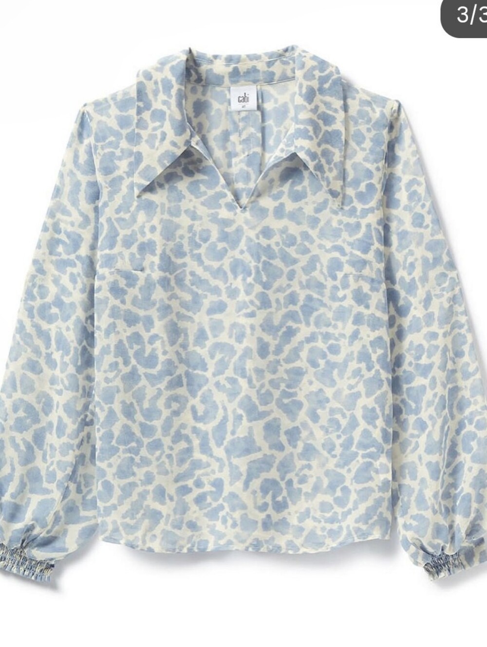 CAbi Sheer Blue V-neck Leopard Print Pounce Blouse